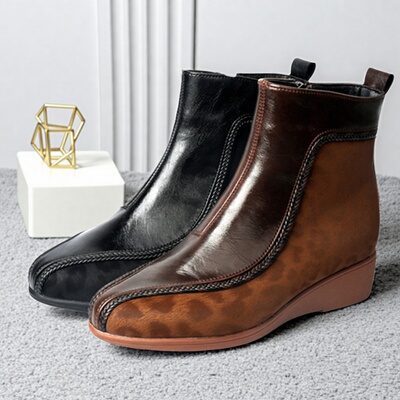 大码女鞋41到43秋冬季2025新款真皮中跟坡跟妈妈鞋短靴时尚女靴42