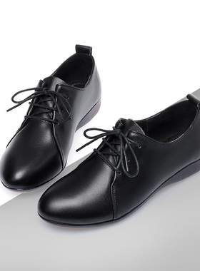 真皮加大码女鞋41到43春秋新款舒适平底单鞋系带软皮显脚小皮鞋42