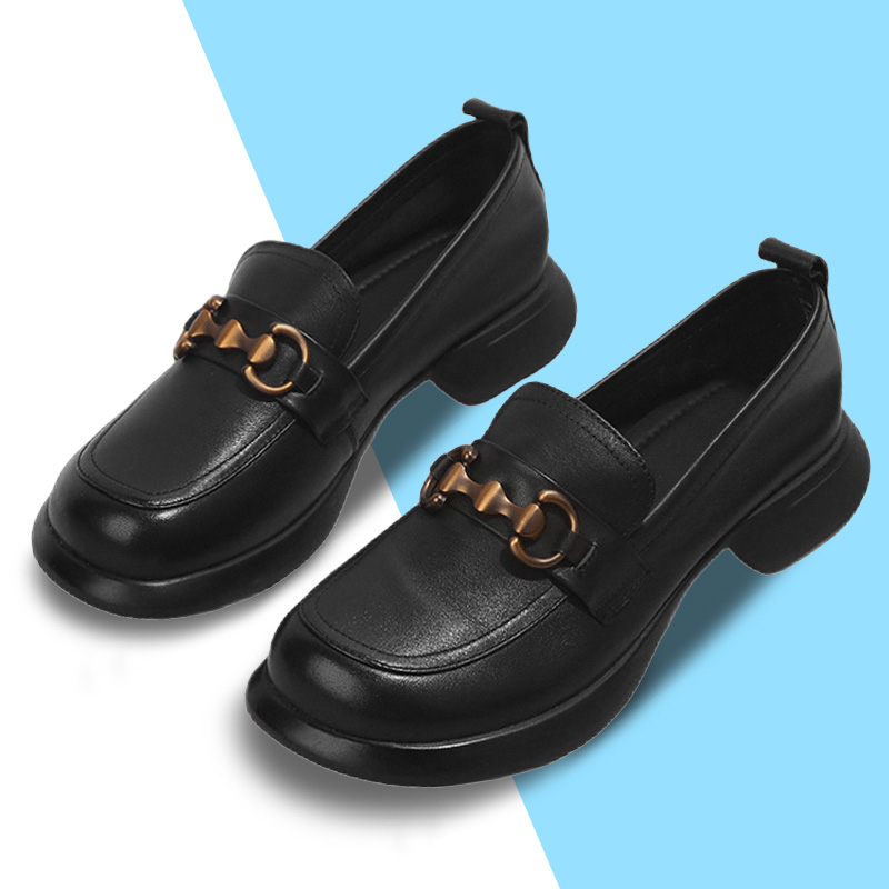 粗跟厚底真皮大码女单鞋