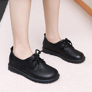 大码41到43宽脚女鞋圆头单鞋春秋新款软底牛皮系带平底英伦小皮鞋