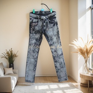 镶钻外贸春秋冬季 韩国磨花牛仔裤 小脚裤 直筒裤 水泥灰0063 棉弹修身