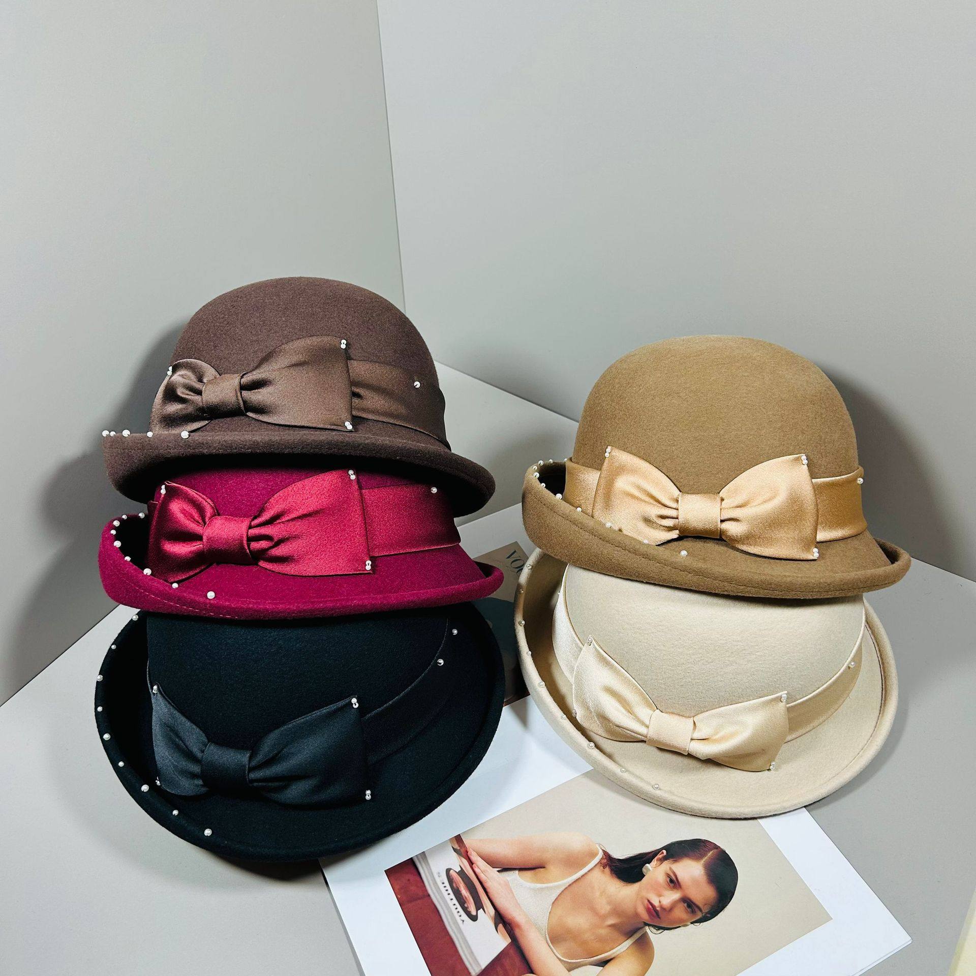 2025新款纯羊毛翘边大蝴蝶结装饰渔夫帽盆帽女优雅时尚显脸小礼帽,户外/登山/野营/旅行用品,钓鱼帽,淘宝优惠券,粉丝福利购,淘宝优惠卷