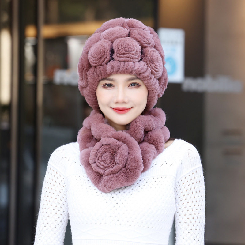 獭兔毛帽子冬女冬季围巾两件套装皮草老人保暖妈妈中老年千鸟格纹