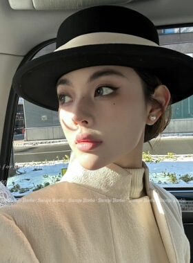 法式复古毛呢平顶女士帽子四季高品质英伦风礼帽绅士显脸小大檐帽