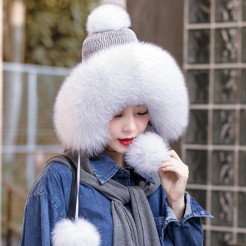 冬季新款狐狸毛皮草帽子雷锋帽毛线甜美可爱加绒保暖护耳女帽真毛
