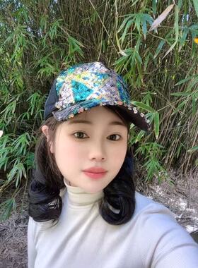 假发帽子一体女夏季减龄内扣亮片棒球帽短款卷发时尚全头套假发帽