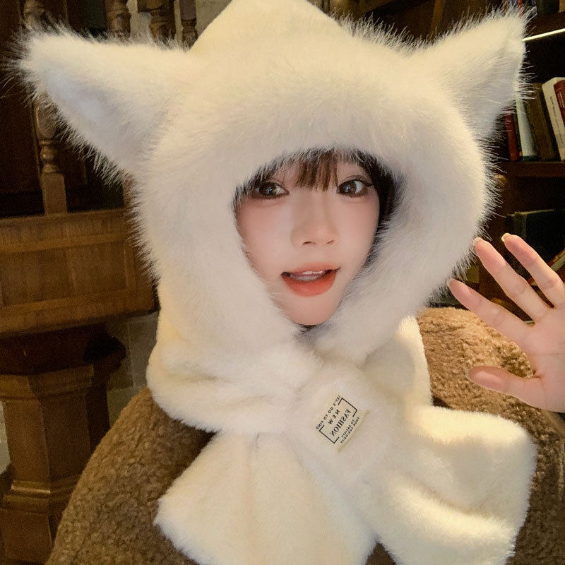 新款冬两件套可爱狐狸耳朵毛绒保暖帽女护耳套头帽围脖一体防寒帽,服饰配件/皮带/帽子/围巾,二件套,淘宝优惠券,粉丝福利购,淘宝优惠卷