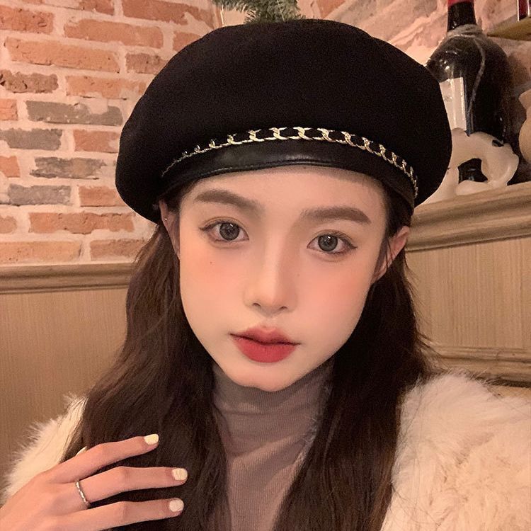 秋冬季黑色贝雷帽子女圆顶链条蓓蕾帽显脸小韩版毛呢画家帽女冬潮