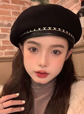 秋冬季黑色贝雷帽子女圆顶链条蓓蕾帽显脸小韩版毛呢画家帽女冬潮