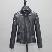 头层柔嫩山羊真皮皮衣女修身 立领铆钉青年机车朋克休闲夹克江 短款