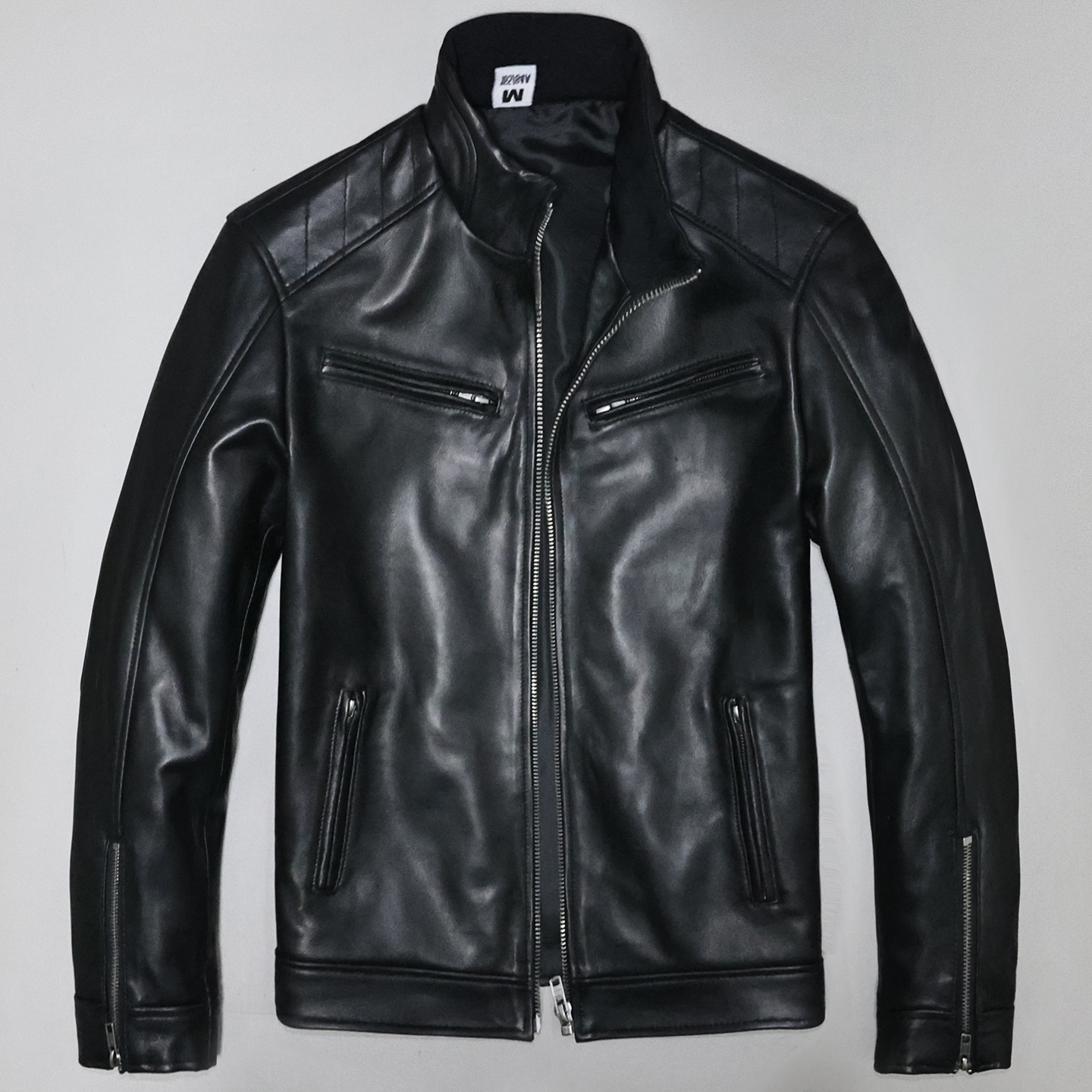 头层绵羊真皮皮衣男修身短款青年简约立领多兜商务机车夹克外套尘