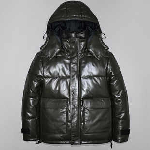 加厚羽绒防寒服夹克外套厉 脱卸帽工装 头层绵羊真皮皮衣男修身 短款