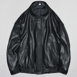 柔软头层绵羊真皮皮衣男女廓版 宽松休闲简约翻领飞行服夹克外套党