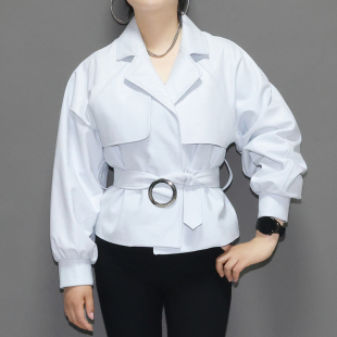 女士头层绵羊真皮皮衣女宽松显瘦短款 腰带青年翻领机车落肩夹克刁