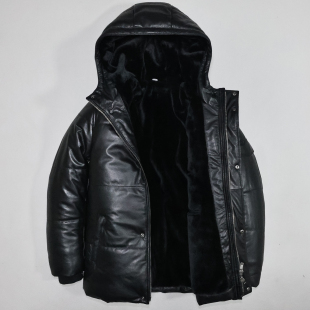 加厚毛绒头层牛皮真皮皮衣男修身 连帽休闲商务冬防寒面包服外套画