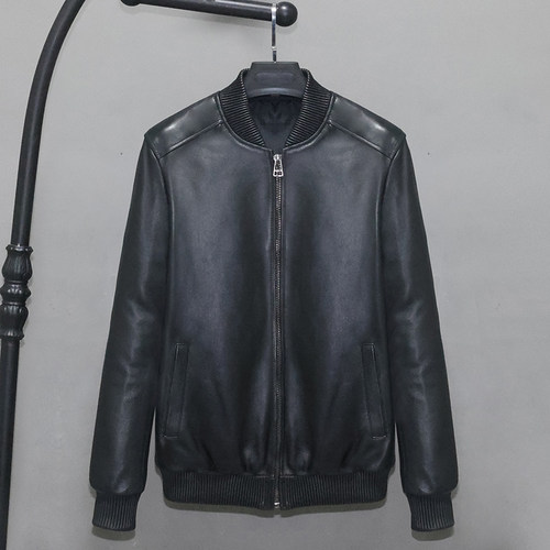 女士修身头层绵羊真皮皮衣棒球服