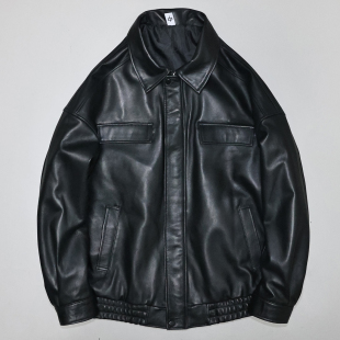 潮牌街头夹克苍 宽松青年翻领美式 廓版 柔软头层绵羊真皮皮衣男女款