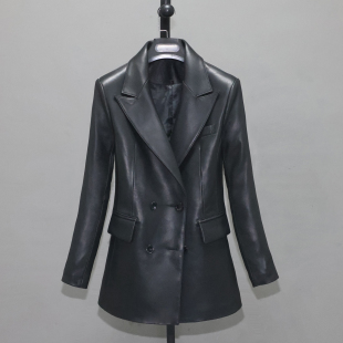 头层绵羊真皮皮衣女修身 西服外套罗 青年休闲职业双排扣开叉西装