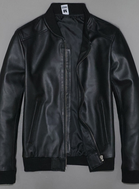 男士真皮棒球服头层绵羊皮衣男修身短款青年简约休闲运动皮夹克袁
