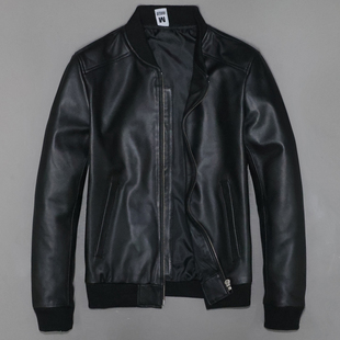 青年简约休闲运动皮夹克袁 短款 男士 真皮棒球服头层绵羊皮衣男修身