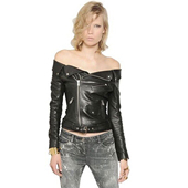 性感夜店女装 夹克外套时尚 怀 短款 头层绵羊真皮皮衣女漏一字肩修身