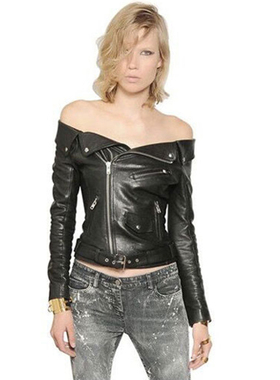 头层绵羊真皮皮衣女漏一字肩修身短款夹克外套时尚性感夜店女装怀