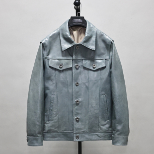 无涂重洗植鞣做旧头层绵羊真皮皮衣男修身 翻领休闲牛仔夹克卓 短款