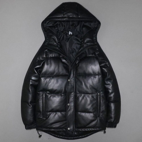 男女头层绵羊连帽真皮羽绒防寒服