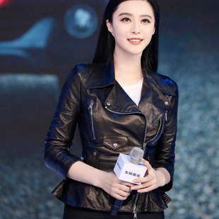 夹克外套范 收腰欧美潮流机车时装 柔软头层绵羊真皮皮衣女修身 短款