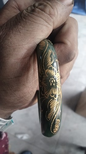 天然新疆和田玉青玉手镯雕刻描金花开富贵玉镯子首饰