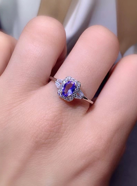 天然坦桑石戒指S925纯银精工镶嵌日韩时尚大气尺寸4*6mm蓝色宝石