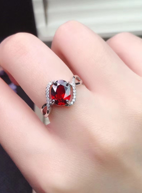 天然石榴石戒指女S925纯银镶嵌红宝石时尚个性简约百搭活口可调节