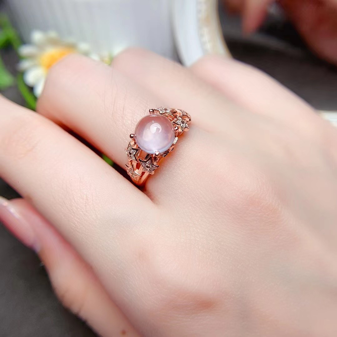天然冰种粉水晶戒指女s925纯银镶嵌芙蓉石鸽子蛋粉色宝石活口调节