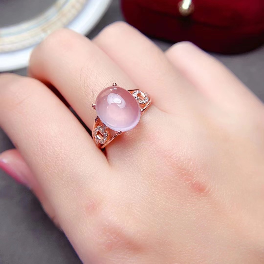 天然芙蓉石戒指女戒子招桃花S925纯银椭圆冰种粉水晶粉色宝石活口