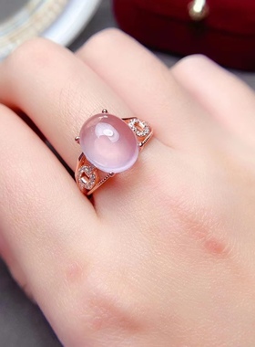 天然芙蓉石戒指女戒子招桃花S925纯银椭圆冰种粉水晶粉色宝石活口