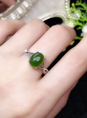 天然和田碧玉戒指女食指戒活口S925纯银镀金镶嵌绿色宝石水晶日韩