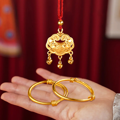 宝宝金手镯仿真一对满月百天拍照道具婴儿镯儿童周岁生日礼物饰品