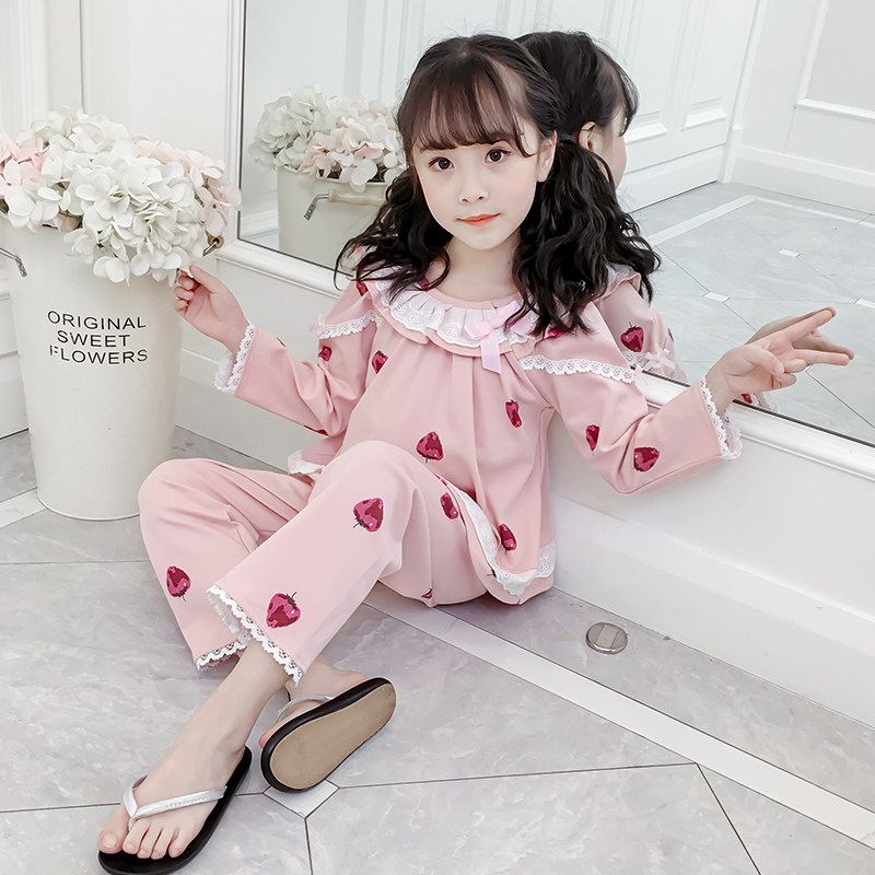 儿童睡衣纯棉花边小女孩家居服
