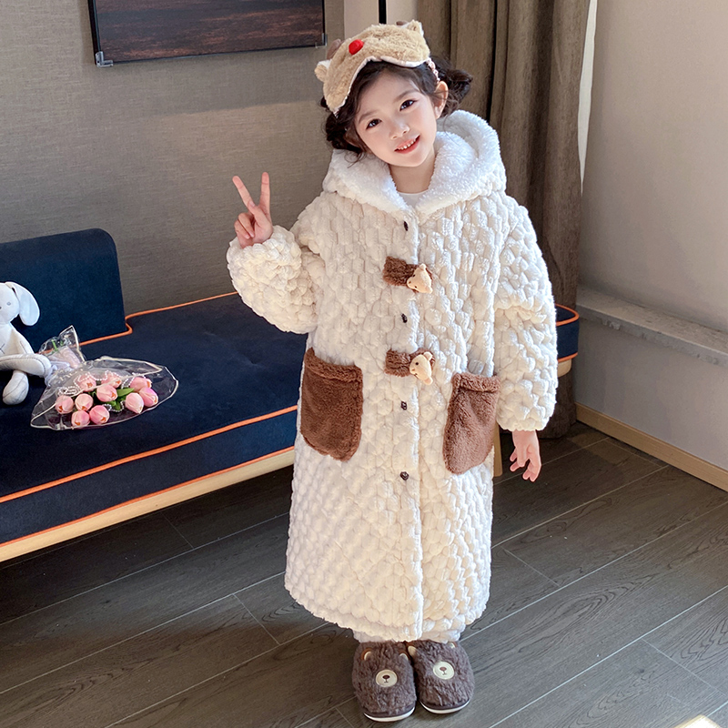 儿童睡袍睡衣套装冬季加厚款三层夹棉女童小孩珊瑚绒法兰绒家居服