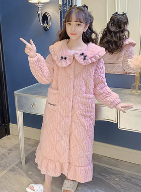 儿童睡衣秋冬季珊瑚绒睡袍夹棉加厚款女童法兰绒浴袍中长款家居服