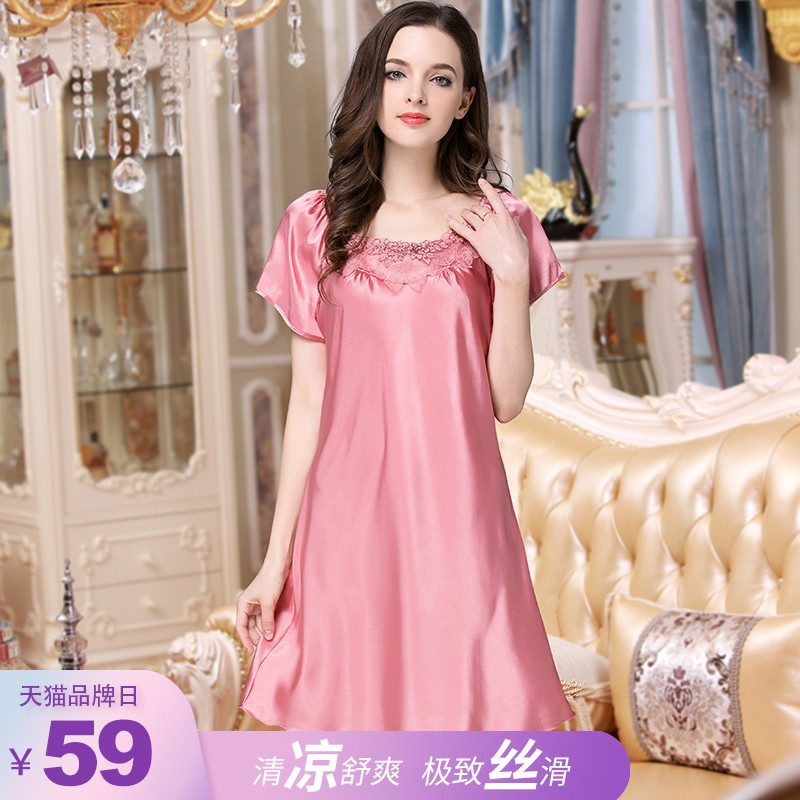 短袖睡裙夏季薄款性感冰丝吊带中年妈妈大码家居服胖mm睡衣女春天