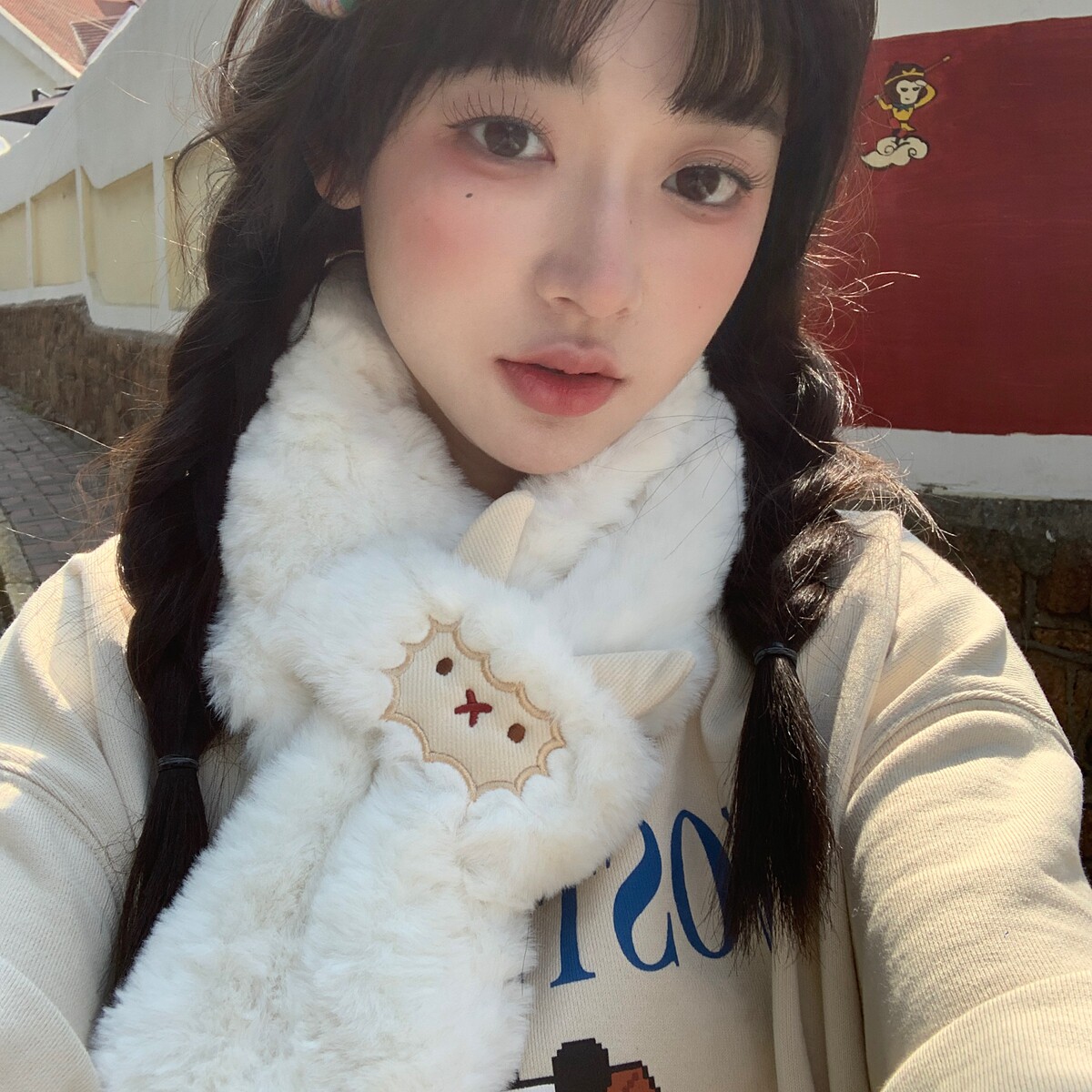 小众短款交叉保暖围巾女生冬季