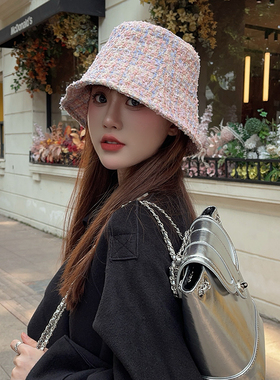 2024新款小众复古小香风水桶帽盆帽女秋冬粉色百搭显脸小欧美时尚