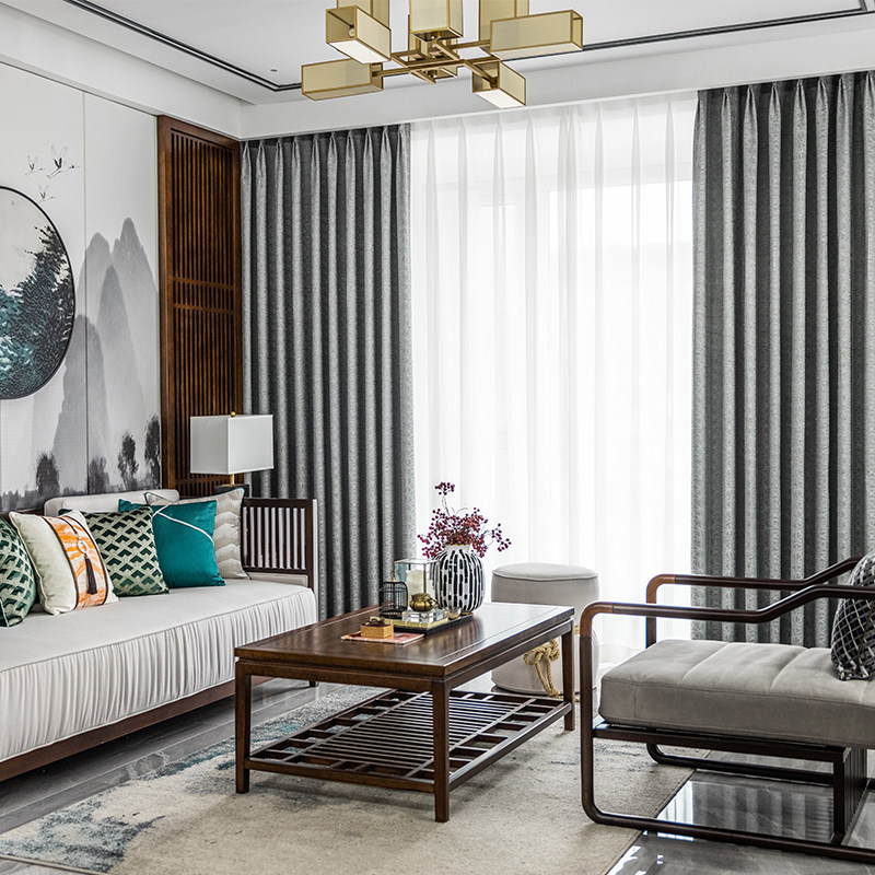 2021年新款高精密粗粝感象棋布提花布窗帘客厅新中式卧室遮光定制