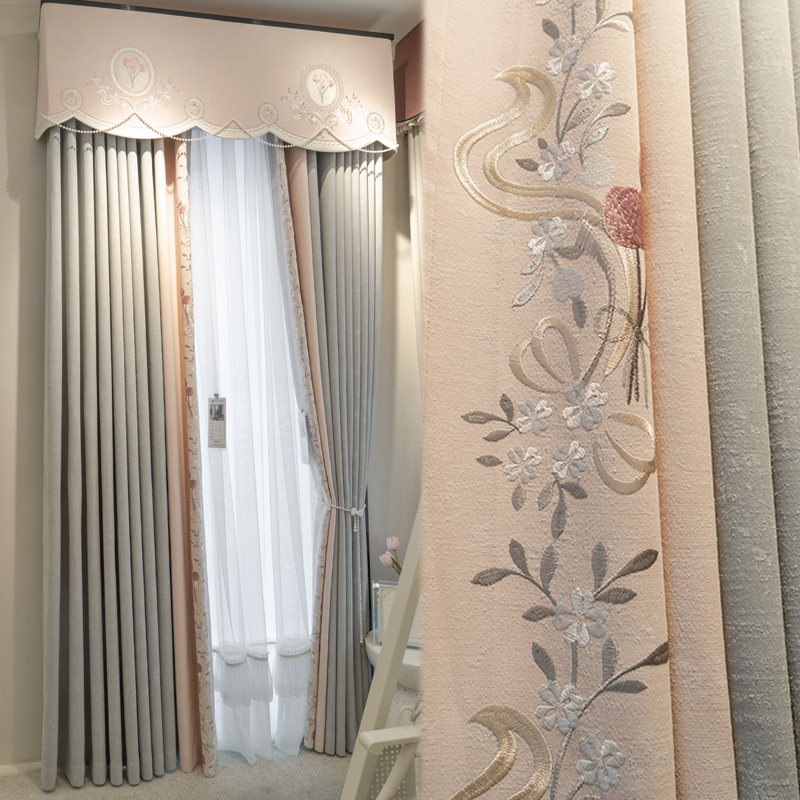 现代美式简约大气加厚高精密绣花 窗帘轻奢欧式客厅卧室遮光法式