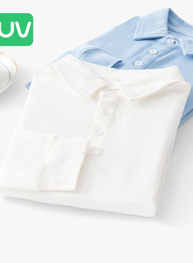 euv 儿童polo衫男童女童纯棉翻领长袖t恤中大童白色校服蓝色衬衫
