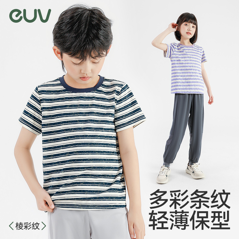 euv儿童夏季圆领短袖条纹T恤