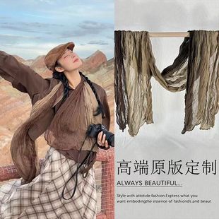 波嬉风黄咖色丝巾披肩亚麻遮阳外搭敦煌西北旅游穿搭防晒围巾新品