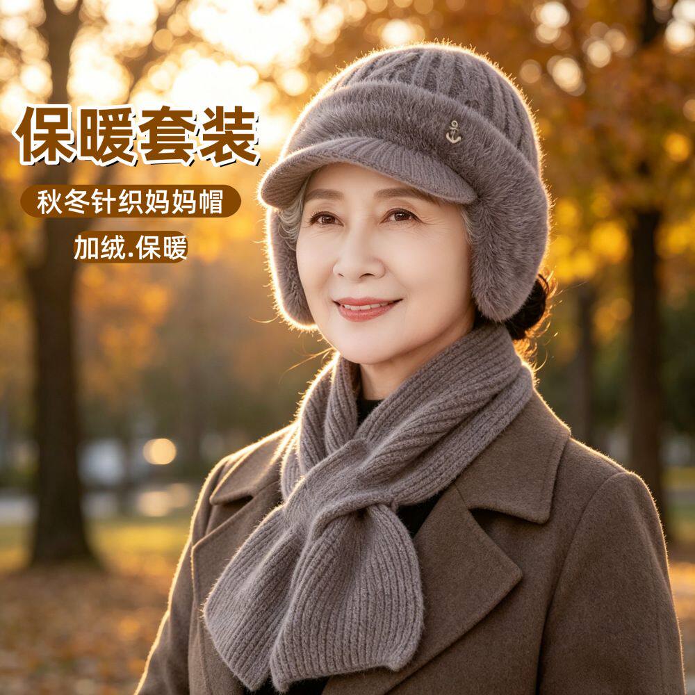 奶奶毛线帽中老年冬季保暖围巾帽子两件套妈妈护耳防风加绒针织帽