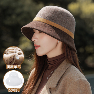 帽子女士2025新款秋冬季羊毛呢渔夫帽洋气好看撞色减龄中老年盆帽